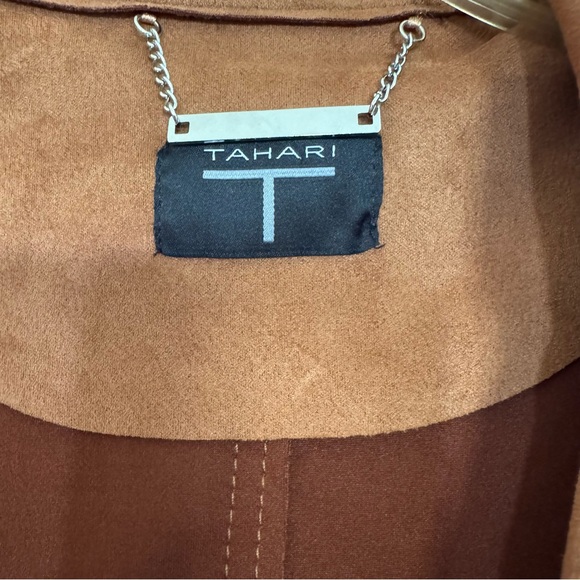 T Tahari Brown Amber Faux Leather Coat Open Front Long Belted Layering M - Picture 5 of 7